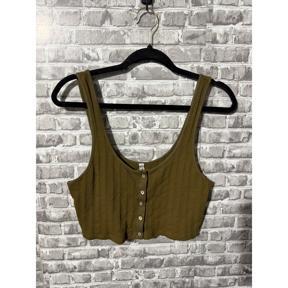 Free People Intimately Olive Green Textured Button Front Crop Tank Top Large